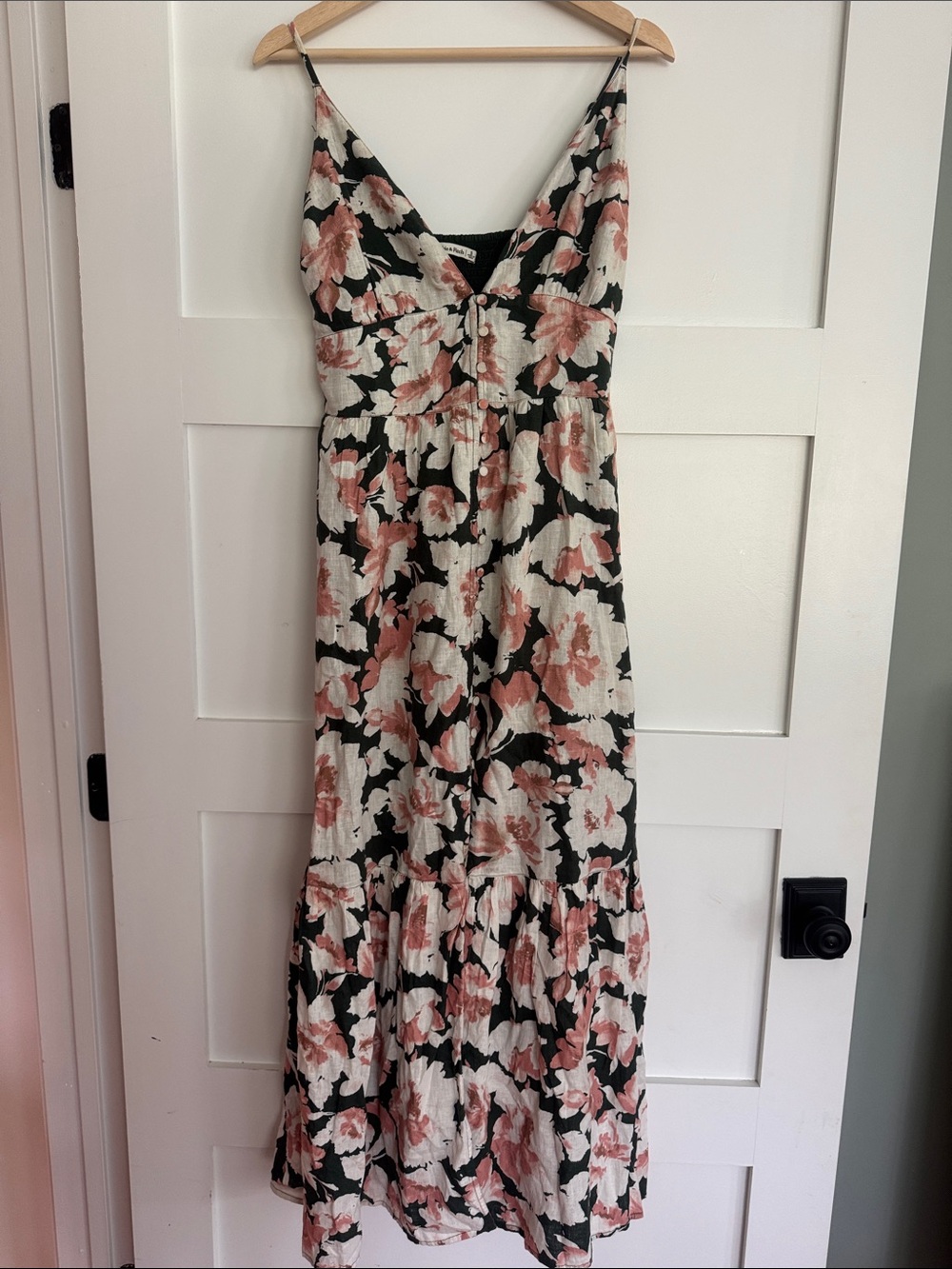 Abercrombie and Fitch Floral Spaghetti-Strap Maxi Dress in Blush and Black